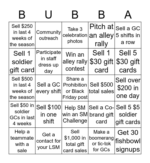 Bubba's 33 Gift Card Bingo Card