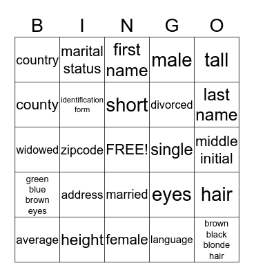 Describing/status Bingo Card