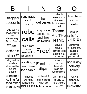 Zeeks Pizza Call Center Bingo Card