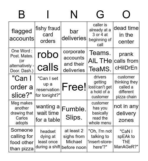 Zeeks Pizza Call Center Bingo Card