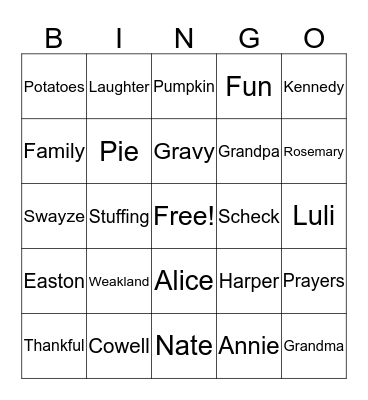 WEAKLAND FAMILY THANKSGIVING Bingo Card