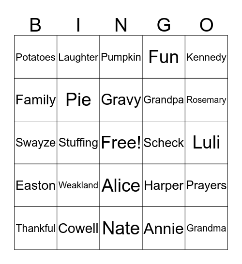 WEAKLAND FAMILY THANKSGIVING Bingo Card