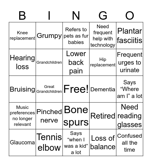 Decrepitude Bingo Card