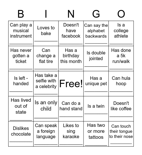 Get to Know You Bingo! Bingo Card