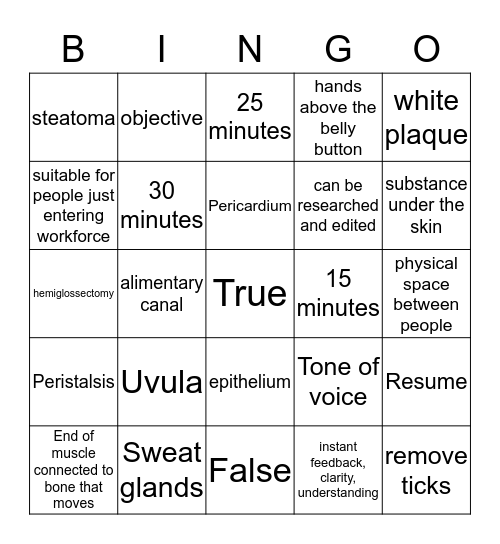 Medical Bingo Card