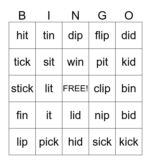 SHORT I WORDS Bingo Card