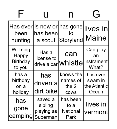 Family Trivia  Bingo Card