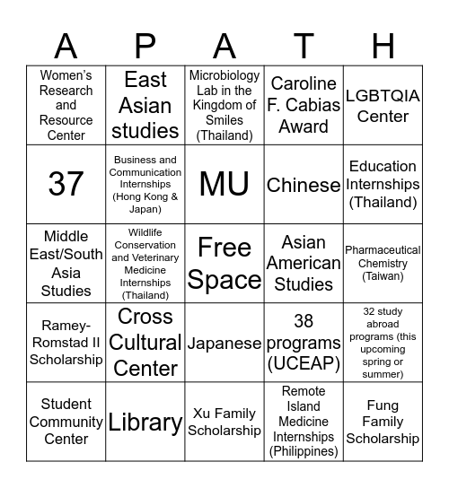 APATH Resource Bingo Card