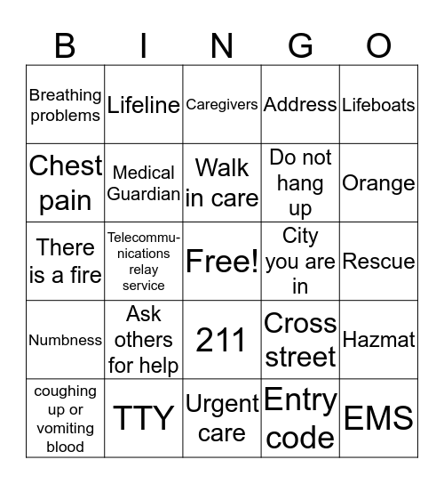 911 For Elders Bingo Card