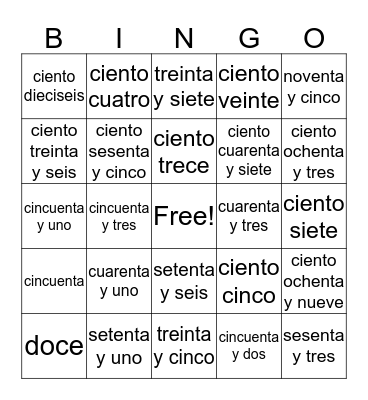 Spanish Numbers Bingo Card