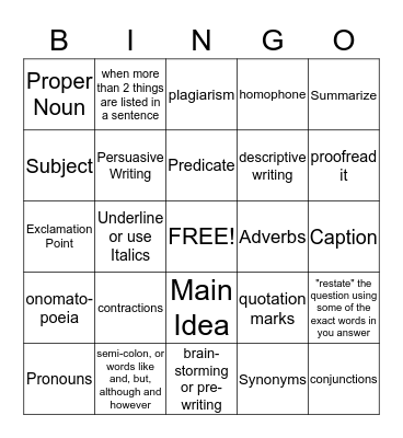 Language Arts Review Bingo Card
