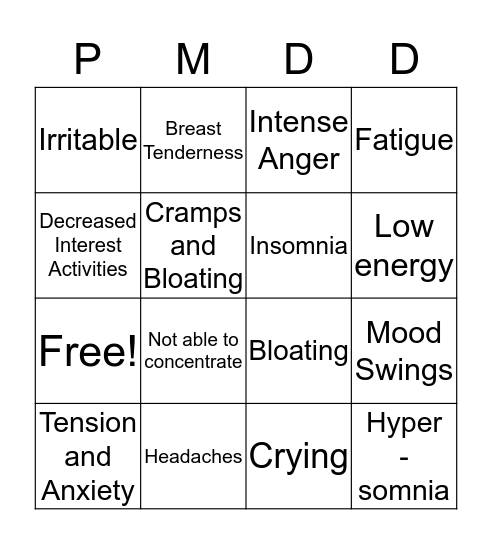 Premenstrual Dysphoric Disorder Bingo Card