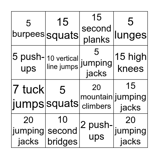 Fitness Bingo Card