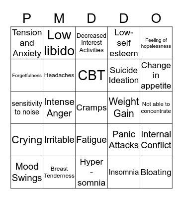 Premenstrual Dysphoric Disorder Bingo Card