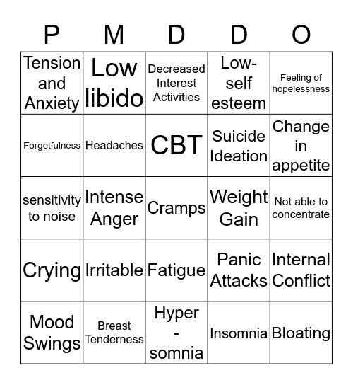 Premenstrual Dysphoric Disorder Bingo Card
