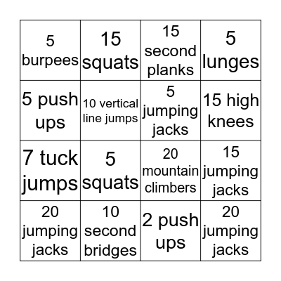 Fitness Bingo Card