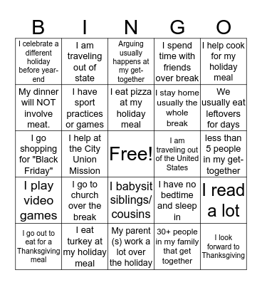 What is your Thanksgiving Break going to be like? Bingo Card