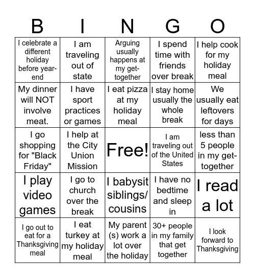 What is your Thanksgiving Break going to be like? Bingo Card