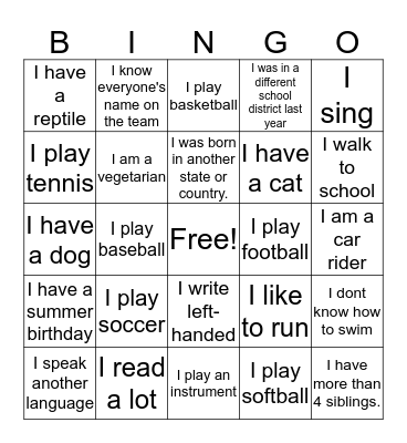 Getting to Know My Teammates Bingo Card