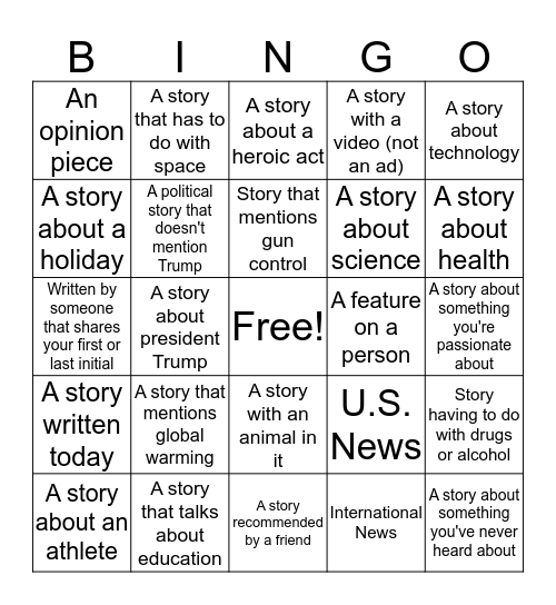 News story bingo card Bingo Card