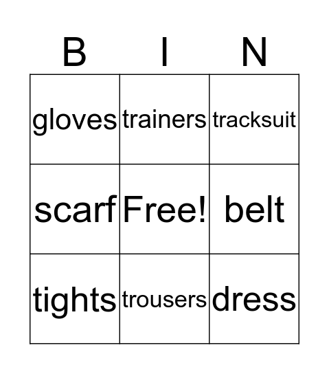 Clothes Bingo Card