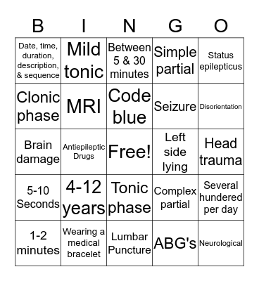 Seizure Precautions Bingo Card