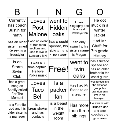 Swim Team Bingo! Bingo Card
