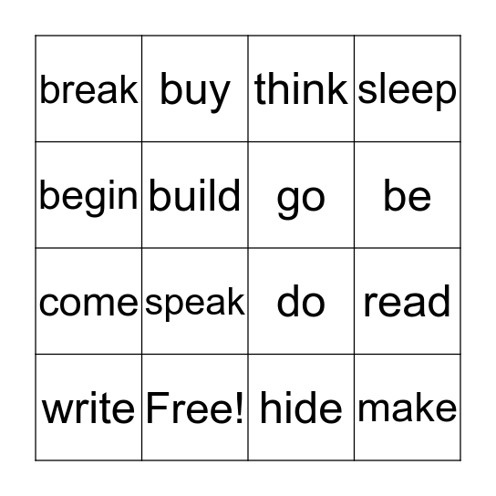 Irregular Verbs Bingo Card