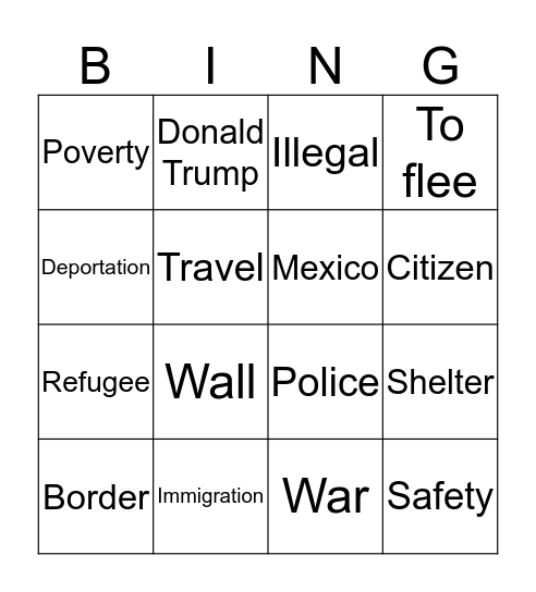 Immigration Bingo Card