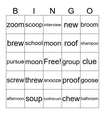 oo sounds Bingo Card