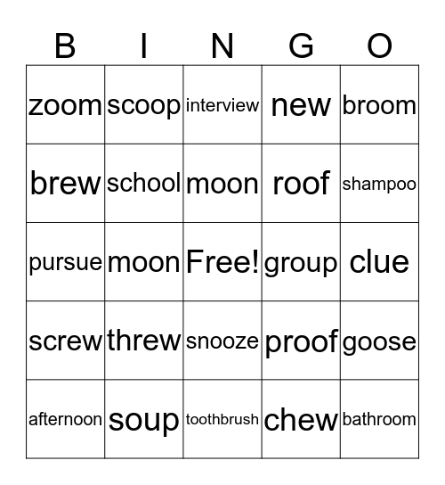 oo sounds Bingo Card