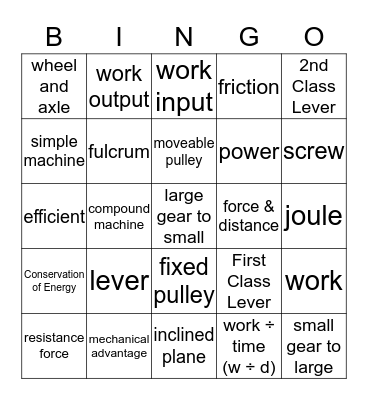 Integrated Science: Simple Machine Vocabulary Review Bingo Card