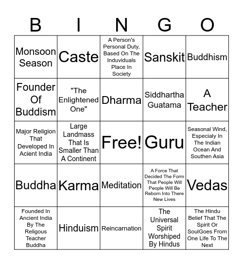 India Vocabulary Bingo Card