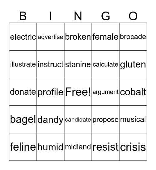 Syllable Review Bingo Card