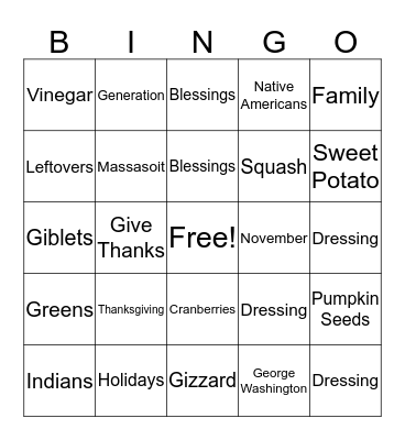 Thanksgiving Bingo Card