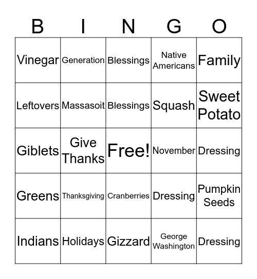 Thanksgiving Bingo Card