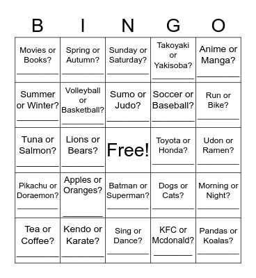 "Which do you like?" Bingo Card