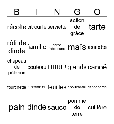 Action de grâce Bingo Card