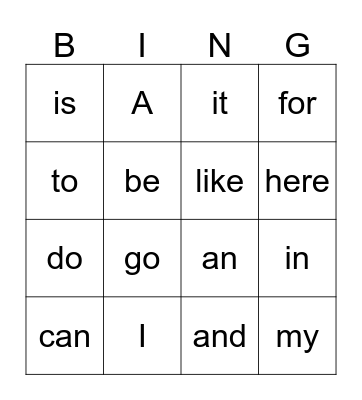 Sight Words Bingo Card