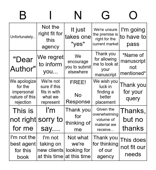 Query Rejection Bingo Card