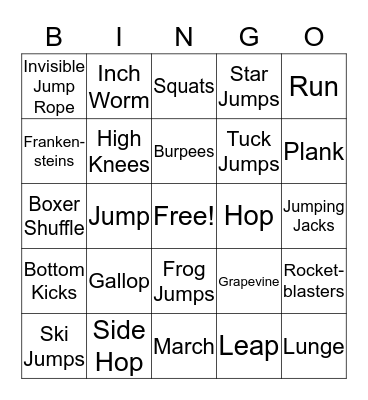 Cardio Bingo Card