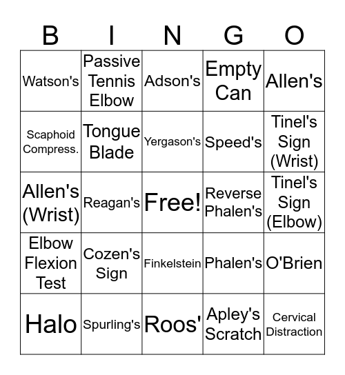 Special Tests Bingo Card