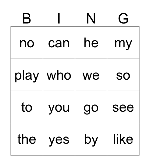 Sight words Bingo Card