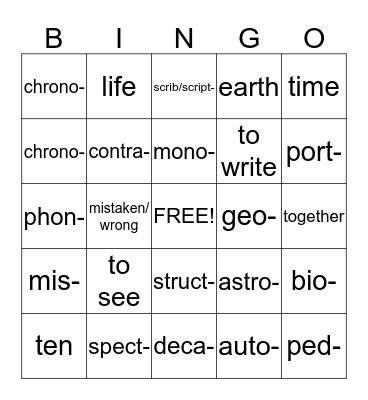 Roots 1 Bingo Card