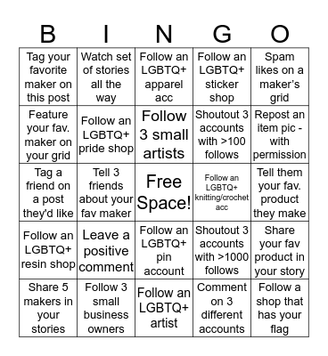 LGBTQ+ Creator/Maker Shoutout Bingo! Bingo Card