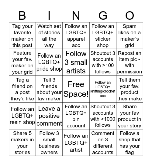 LGBTQ+ Creator/Maker Shoutout Bingo! Bingo Card