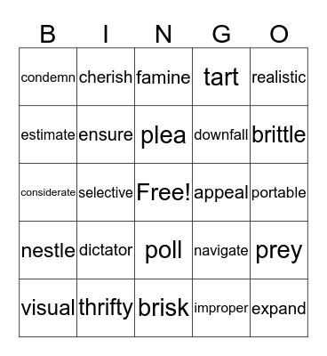 Vocabulary Bingo Card