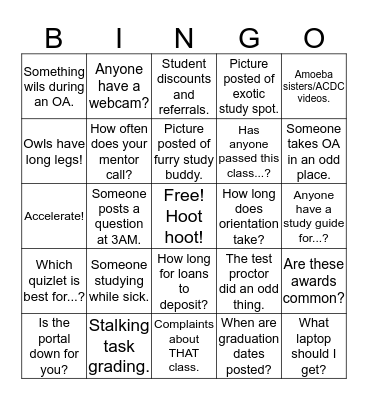 WGU Facebook Group Bingo Card
