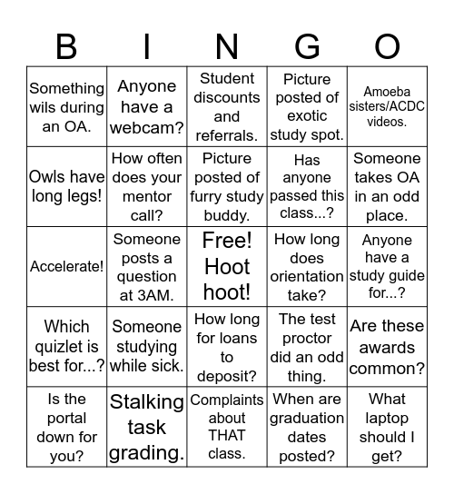 WGU Facebook Group Bingo Card