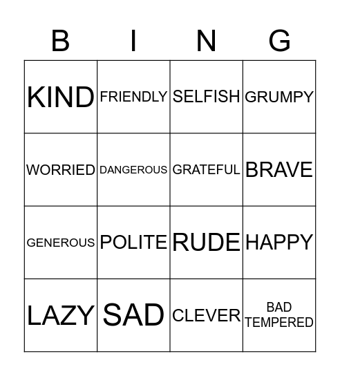 PERSONALITY ADJECTIVES Bingo Card